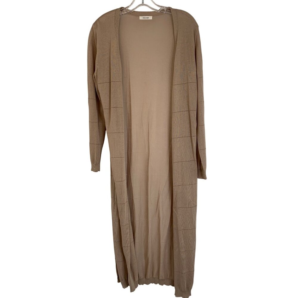 Mod Ref Sheer Open Front Eyelet Stripe Tan Cardi … - image 1